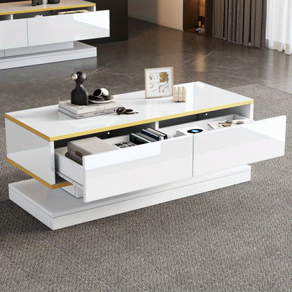 Salontafel – Woonkamertafel – Koffietafel – Bijzettafel – Coffee Table – Warm Wit Met Gouden Accenten – 2 Ruime Lades – 100 Cm Breed Met Stabiel Metalen Frame