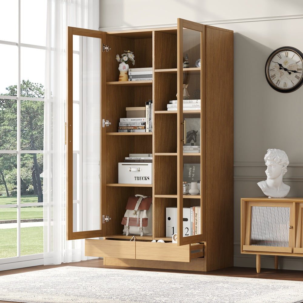Vitrinekast Modern – Glazen Kast – Boekenkast – Opbergkast – Displaykast – Natuurlijk Houten Frame – Vrijstaand Met Push-to-Open Lades – 80x40x160 cm