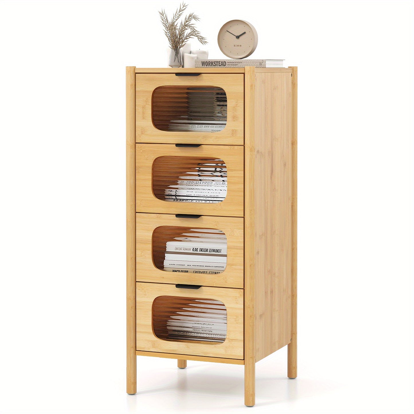 Opbergkast – Opbergmeubel – Ladenkast – Dressoir – Bamboekast – 4 Lades – Gehard Glas – Compact 40x40x97 cm