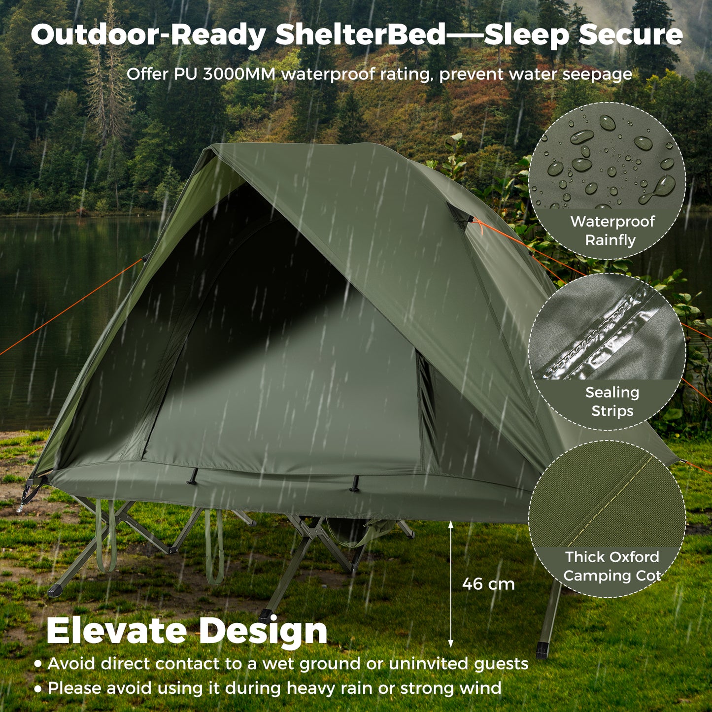 2-Persoons Campingbed – Camping Cot – Kampeerbed – Tentbed – Opvouwbaar Tweepersoons Bed – Waterdichte Regenhoes – Verhoogd Slaapbed Met Ritsbare Ventilatiedeuren – Met Wieltas – Groen