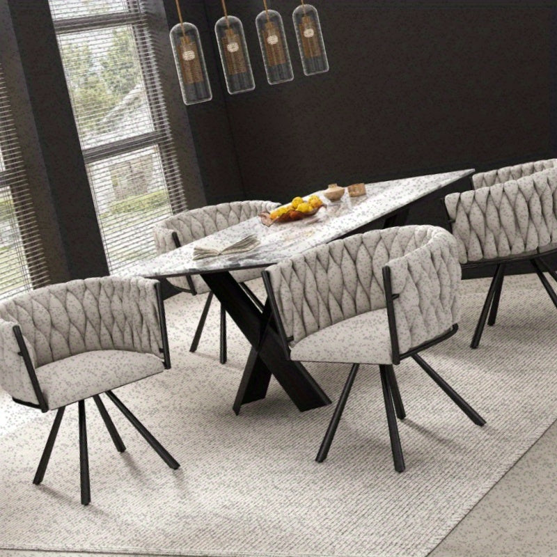 Eetkamerstoel – Bureaustoel – Draaifauteuil – Stoelenset – Linnen Bekleding – Licht Beige – Zwarte Metalen Poten – Draaibaar – Compact Formaat