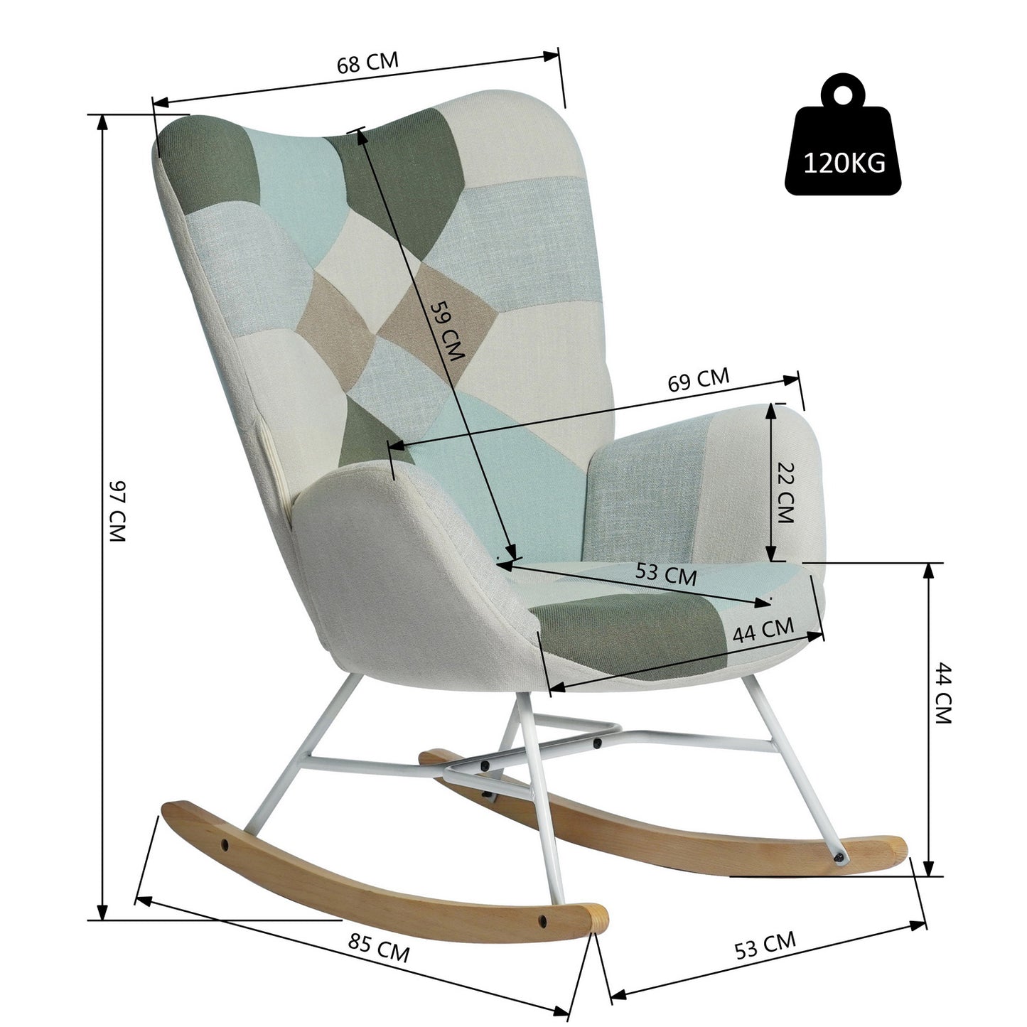 Relaxfauteuil – Fauteuil – Schommelstoel – Stoel – Zetel – Patchwork Stof – Schommelfunctie – Metalen Frame en Houten Poten – 85x69x98 cm