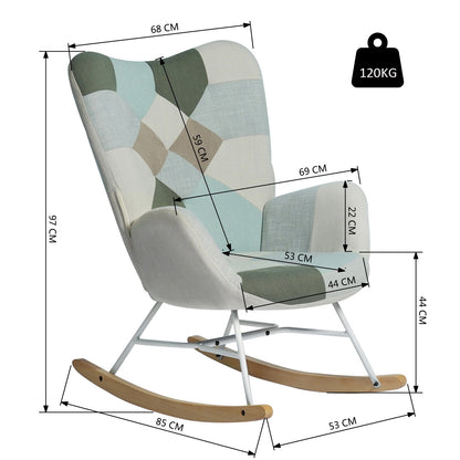 Relaxfauteuil – Fauteuil – Schommelstoel – Stoel – Zetel – Patchwork Stof – Schommelfunctie – Metalen Frame en Houten Poten – 85x69x98 cm