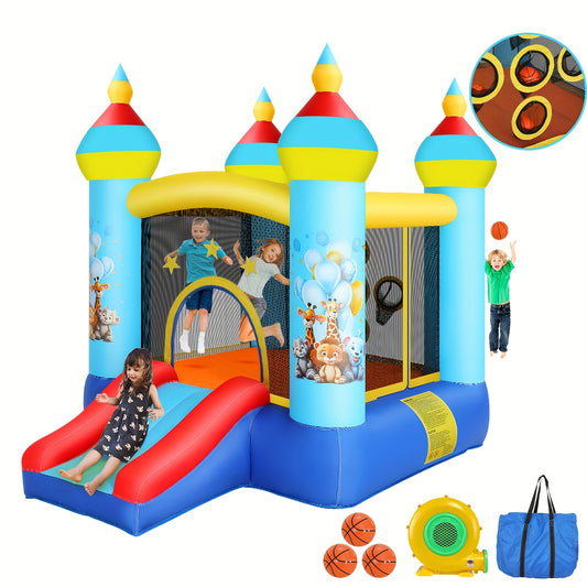 Springkussen met Glijbaan – Opblaasbaar Speeltoestel – Bouncymat – Jumping Castle – Speelkussen – Blauw – Duurzaam Polyester – Inclusief Blower en Haringen