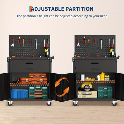 Gereedschapswagen – Werkplaatswagen – Gereedschapskast – Rolwagen – Toolcabinet – Zwaar Stalen Constructie – Verstelbare Planken & Pegboard