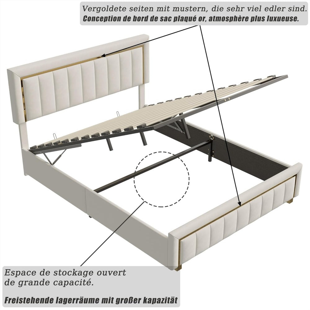 Fluwelen Bed – Bedframe – Opbergbed – Boxspringbed – Slaapbed – Beige Velvet – 160x200 cm – Hydraulische Opbergruimte – Stevige Houten Latten