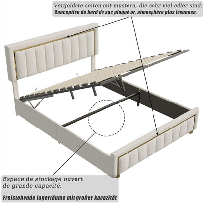 Fluwelen Bed – Bedframe – Opbergbed – Boxspringbed – Slaapbed – Beige Velvet – 160x200 cm – Hydraulische Opbergruimte – Stevige Houten Latten