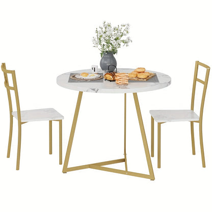 Eetkamertafel Set – Ronde Tafel – Bistro Set – Keukentafel – Dinette Set – Goudkleurig – Compact 2-Persoons – Gestoffeerde Stoelen – Stevig Stalen Frame