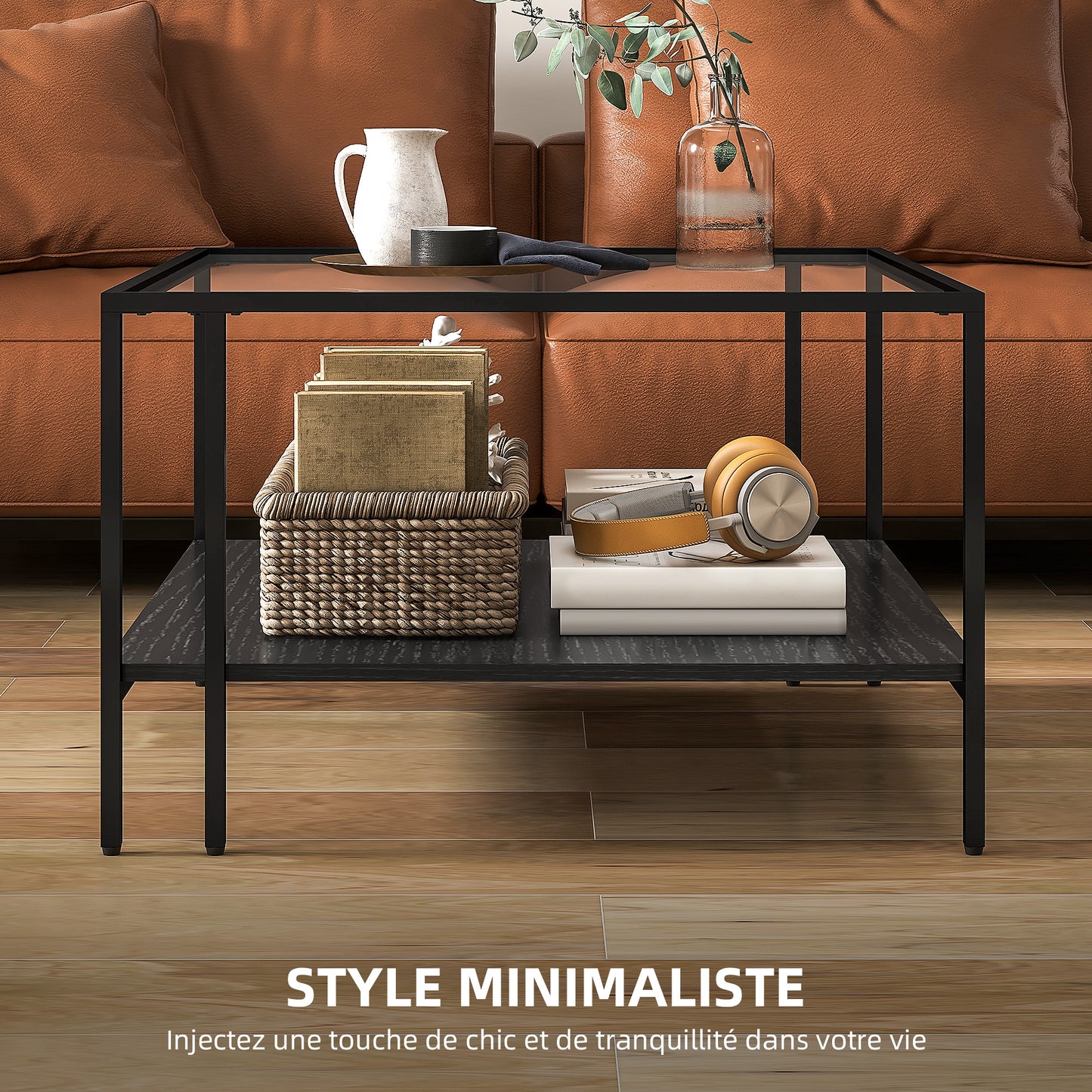 Salontafel – Woonkamertafel – Koffietafel – Tafel – Bijzettafel – Industrieel Design – Temperglas Blad 73x73x46,5 cm – Verstelbare Wieltjes