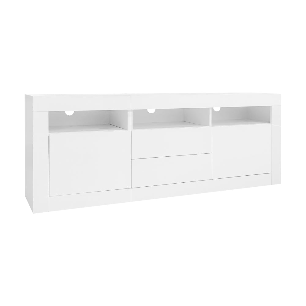 Modern High-Gloss Metal TV Stand for 70-Inch TVs with 3 Open Shelves, 2 Doors & 2 Drawers - Heavy-Duty Storage Entertainment Center, Minimalist Media Console for Living Room, Durable Metal Construction, Space-Saving Design, E