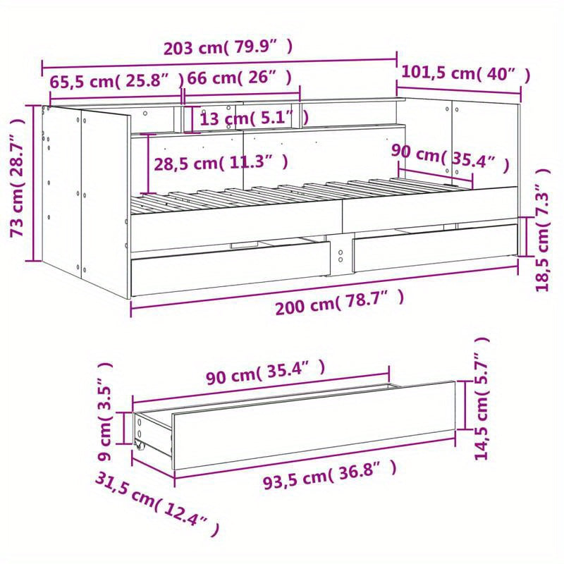 90X200 Cm Day Bed with Drawers Without Mattress Multifunctional Design Combining Rest And Storage Easily Integrating Into Various Home Styles Suitable for Living Room Or Small Bedroom Scenes, Space-Saving, Durable & Stylish H