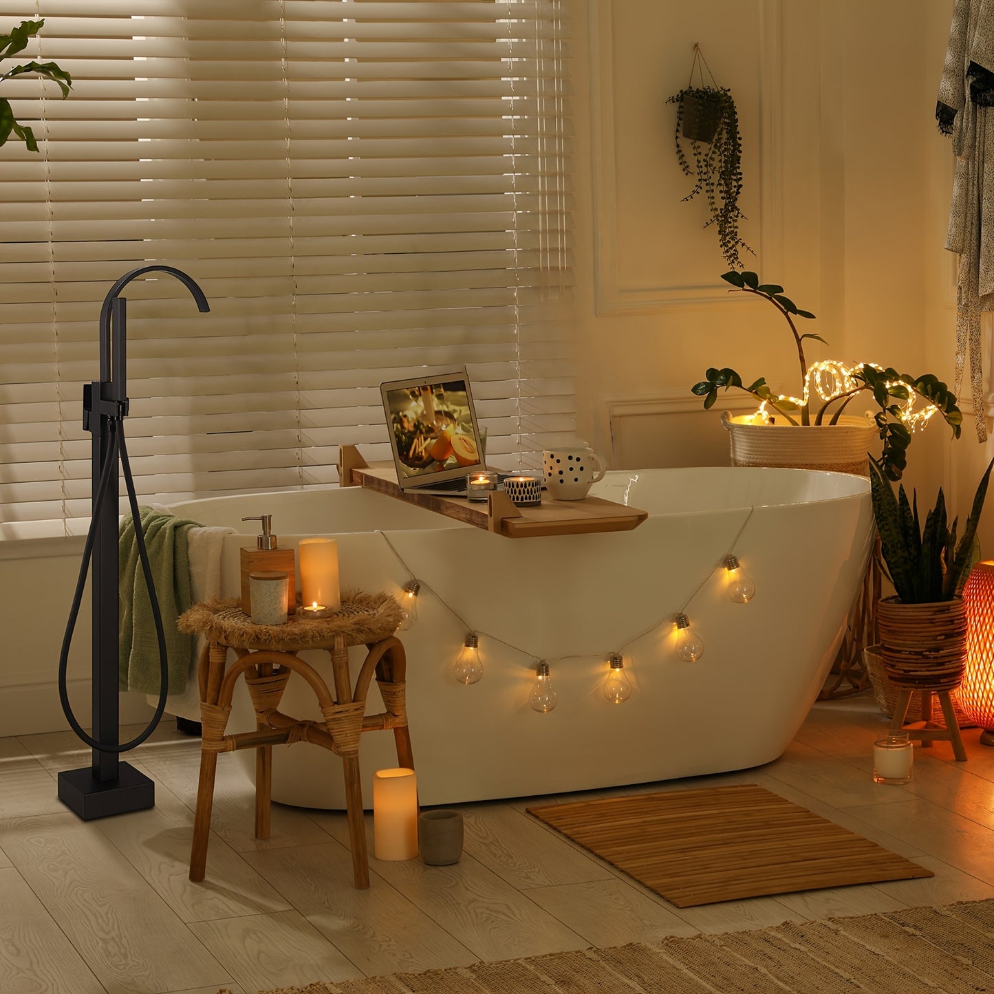 Modern Black Freestanding Bathtub Faucet with Brass Waterfall Spout & Hand Shower - 360° Swivel Spout, Floor-Mounted Design, Copper Valve Core, Easy Installation (No Batteries/Electrical Required), G3/8 Connections, Painted