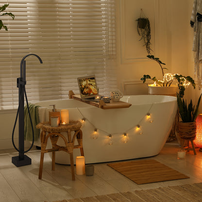 Modern Black Freestanding Bathtub Faucet with Brass Waterfall Spout & Hand Shower - 360° Swivel Spout, Floor-Mounted Design, Copper Valve Core, Easy Installation (No Batteries/Electrical Required), G3/8 Connections, Painted