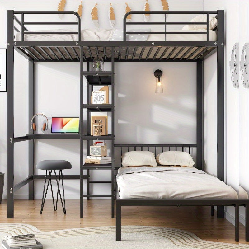 Stapelbed – Etagebed – Kinderbed – Hoogslaper – Kinderstapelbed – Met Bureau en Opbergruimte – Metalen Frame – 90x200 cm – Veiligheidshekken – Ladder – Zwart