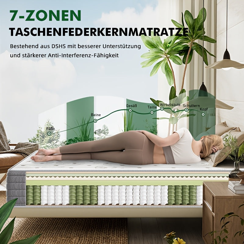 Hybride Matras – Pocketvering Matras – Binnenvering Matras – Memory Foam Matras – 22 cm Dikte – 7-Zones Ondersteuning – Medium Stevig – Ademend Polyester – Brandvertragend
