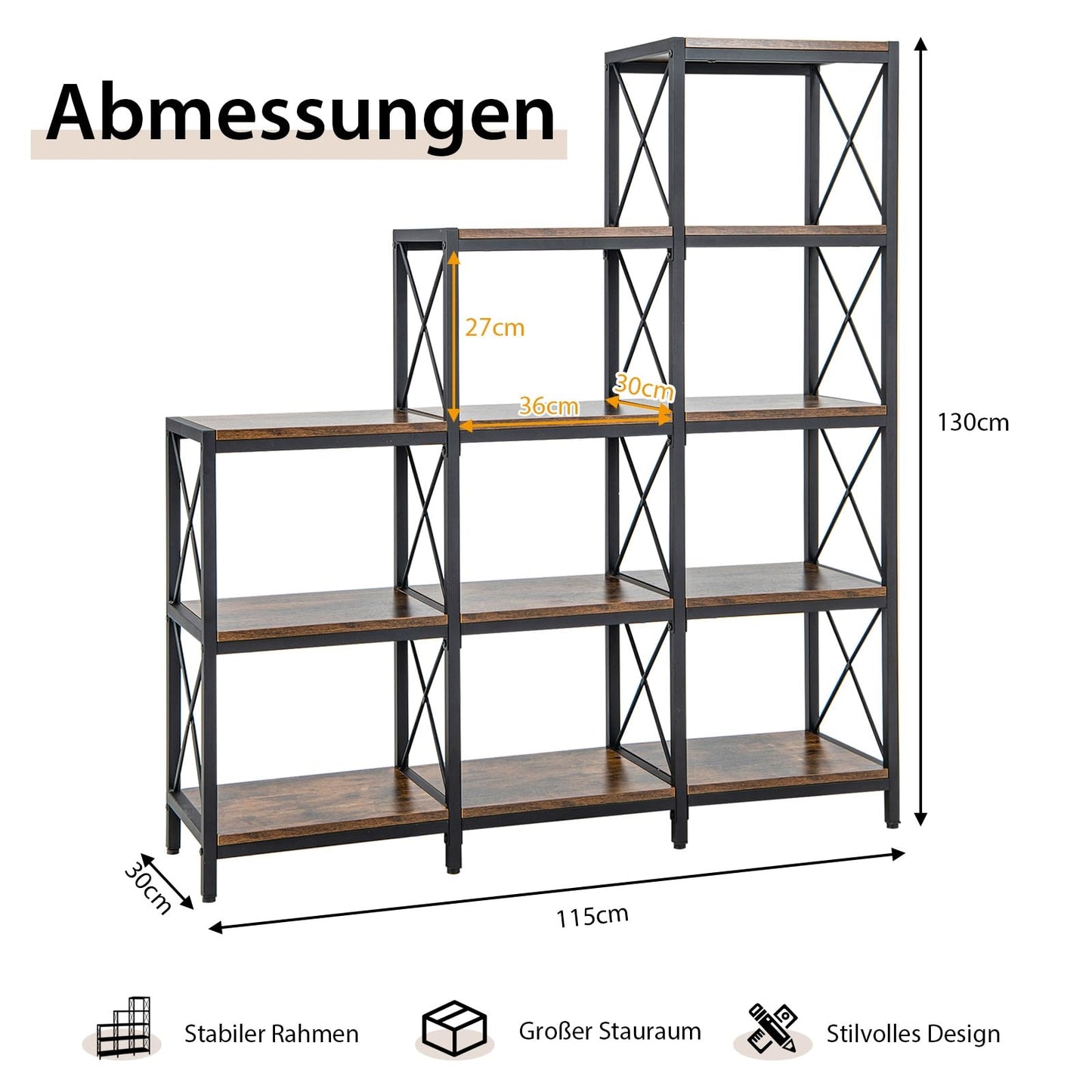 Boekenkast – Boekplank – Opbergkast – Vakkenkast – Staande Kast – Carbonstalen Frame – 12 Open Vakken – Industrieel Vintage Bruin – 115 x 30 x 130 cm