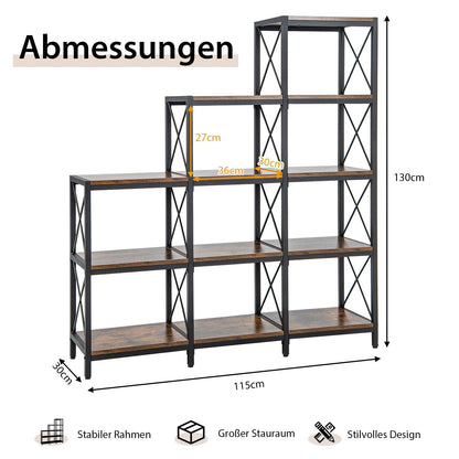 Boekenkast – Boekplank – Opbergkast – Vakkenkast – Staande Kast – Carbonstalen Frame – 12 Open Vakken – Industrieel Vintage Bruin – 115 x 30 x 130 cm