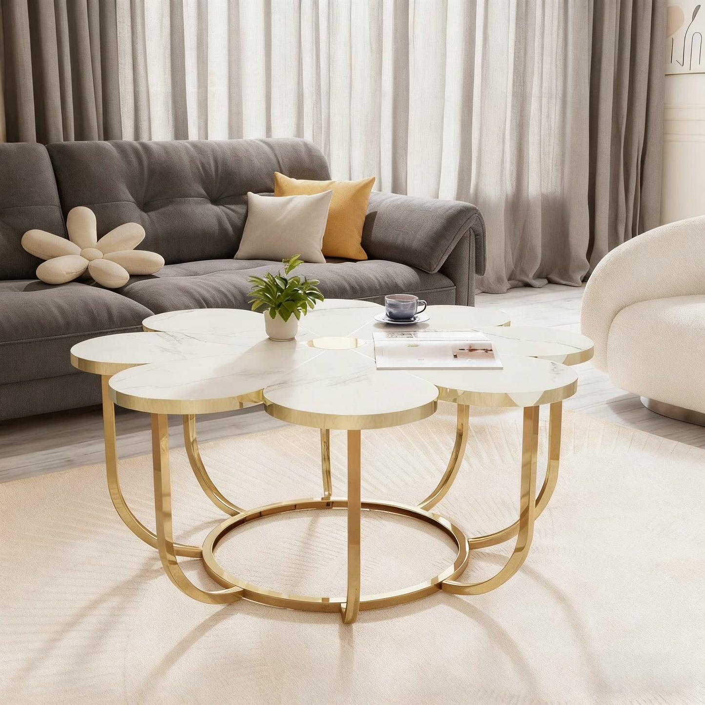 Salontafel – Koffietafel – Tafel – Woonkamertafel – Bijzettafel – Modern Faux Marmer – Metalen Frame – 100 cm Diameter – Ruimtebesparend Design