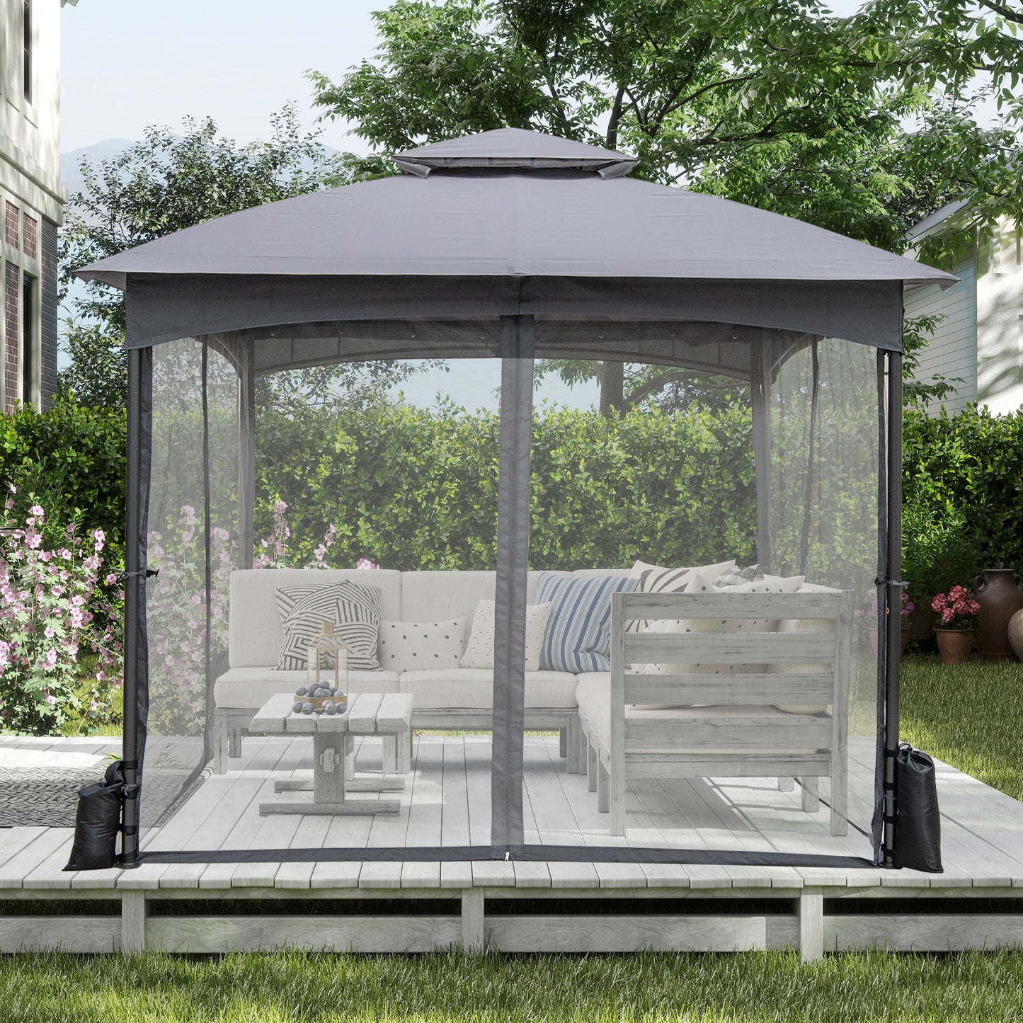 Tuinpaviljoen – Tuinhuisje – Tuinveranda – Terrasoverkapping – Pergola – 3x3 Meter – Stevig Metalen Frame – Ventilerend Dubbel Dak