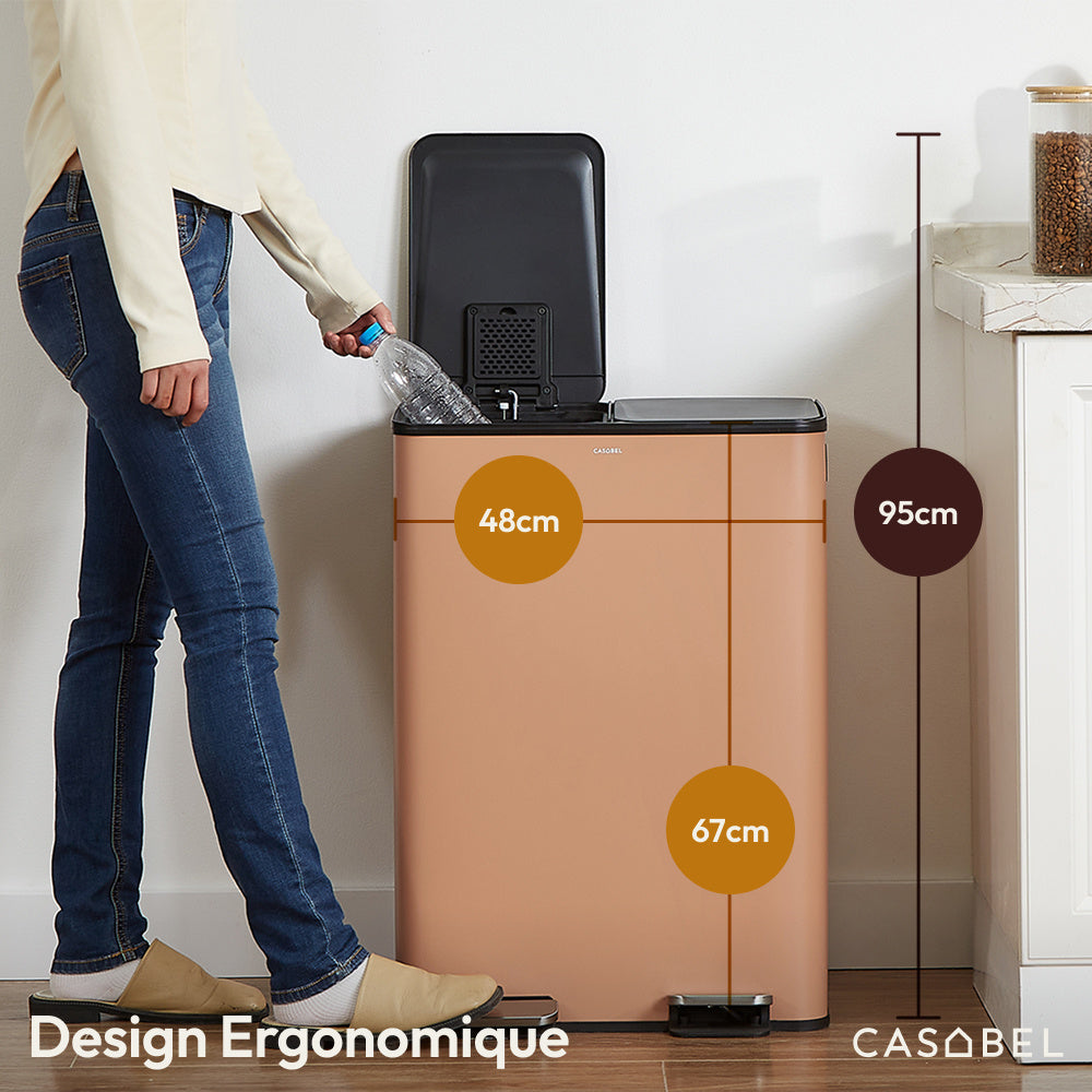 Afvalbak Keuken – Prullenbak – Vuilnisbak – Recyclingbak – Afvalemmer – 60 Liter – RVS Geborsteld Met Dubbele Compartimenten En Pedaalbediening