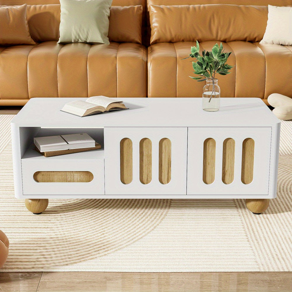 Salontafel – Woonkamermeubel – Koffietafel – Tafeltje – Modern Tafeltje – Wit Met Houtlook – 4 Deuren & 2 Laden – Afgeronde Hoeken & Bolvormige Poten