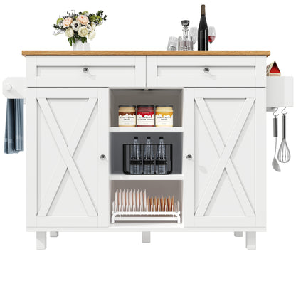 Modern White Wood Grain Kitchen Island with Dining Table, Multifunctional & Dining Cart - Easy Assembly Required, Space-Saving Heavy-Duty Furniture for small Kitchens, Apartments, Homes (Metal Frame)