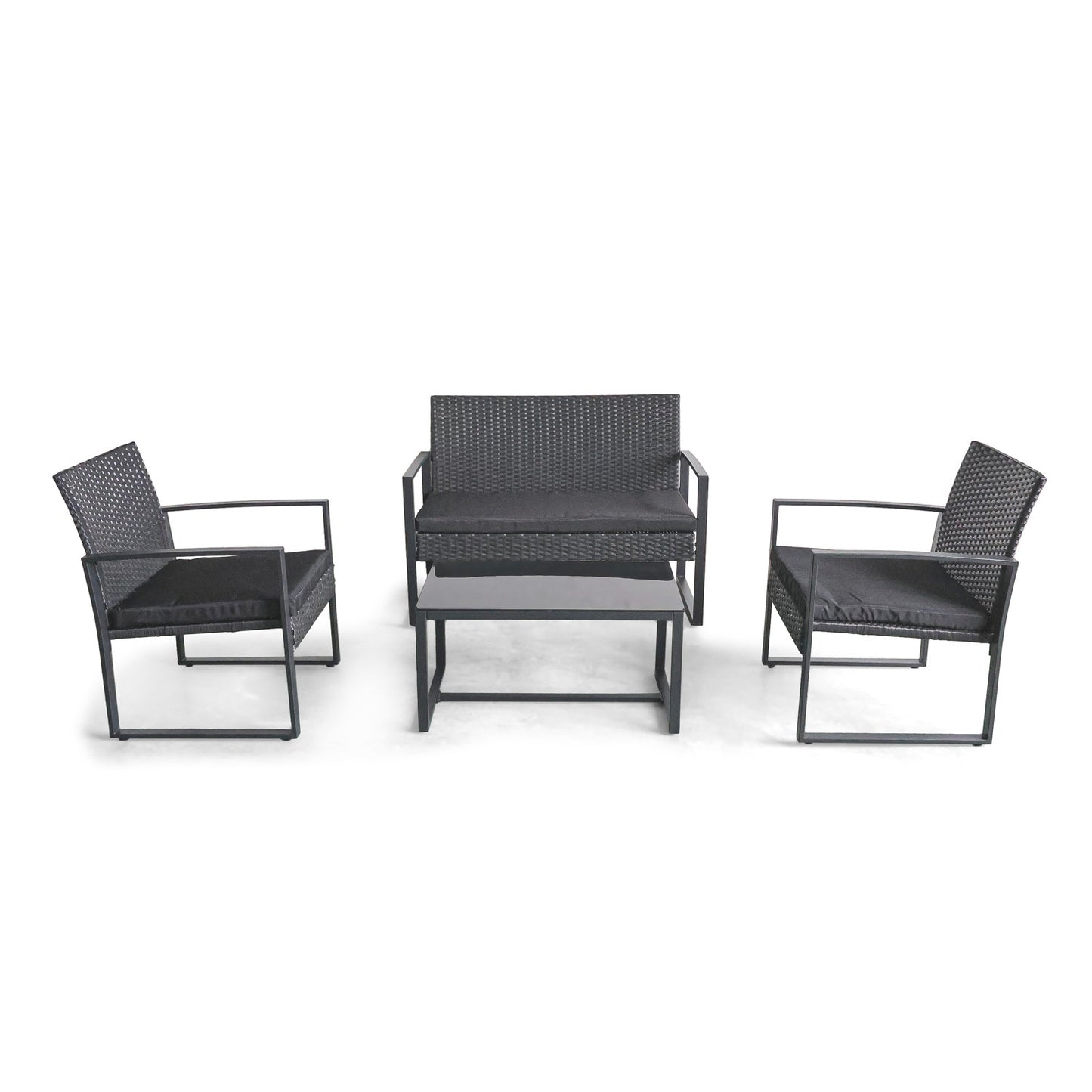 Loungeset – Tuinset – Zitgroep – Tuinmeubelen – Loungebank – Weerbestendig Metaal – Polyrattan – Inclusief Kussens – Glazen Tafelblad
