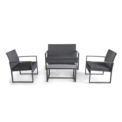 Loungeset – Tuinset – Zitgroep – Tuinmeubelen – Loungebank – Weerbestendig Metaal – Polyrattan – Inclusief Kussens – Glazen Tafelblad