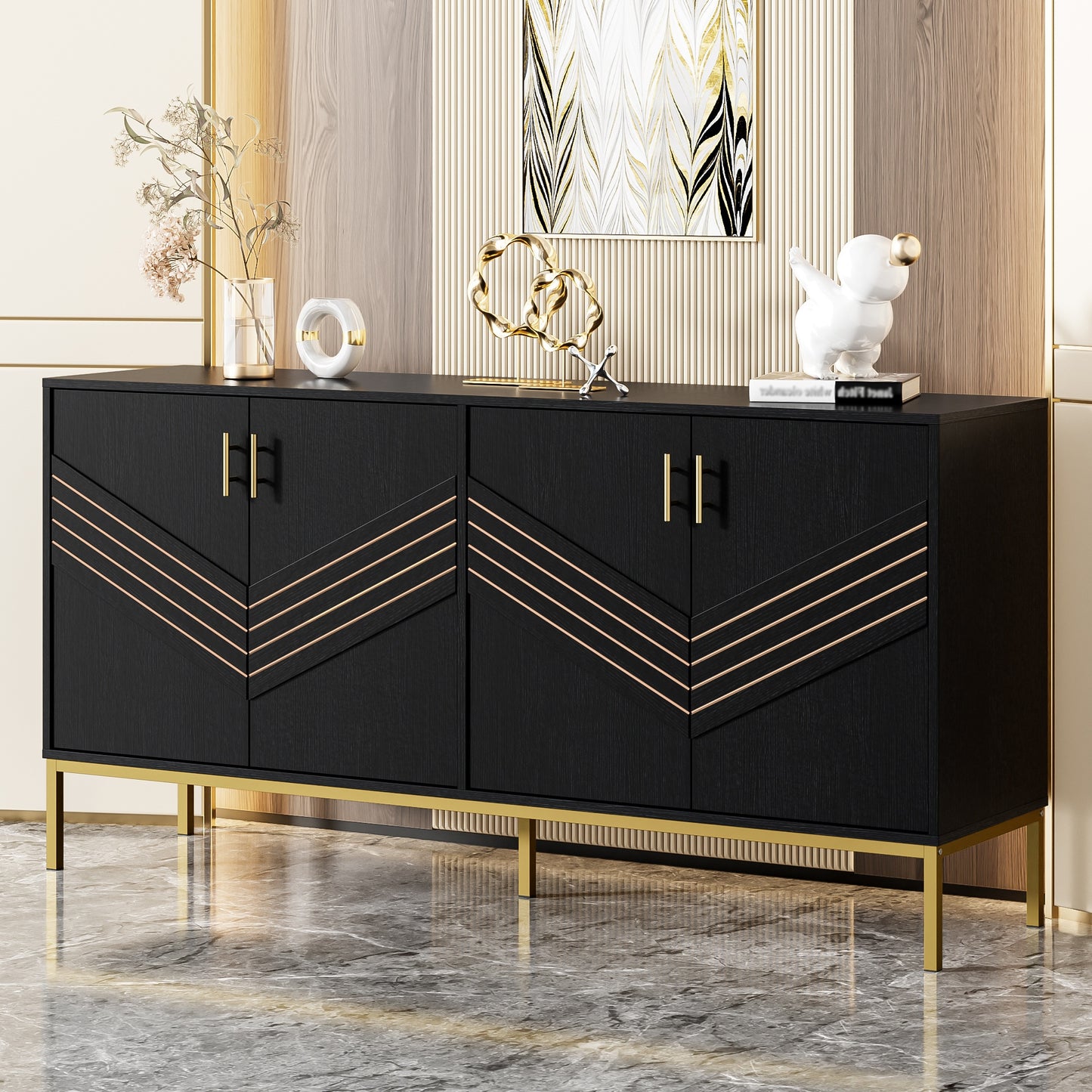 Dressoir – Sideboard – Buffetkast – Opbergkast – Kast – Modern Zwart & Goud – MDF Metalen Poten – 4 Deuren Met Verstelbare Legplanken