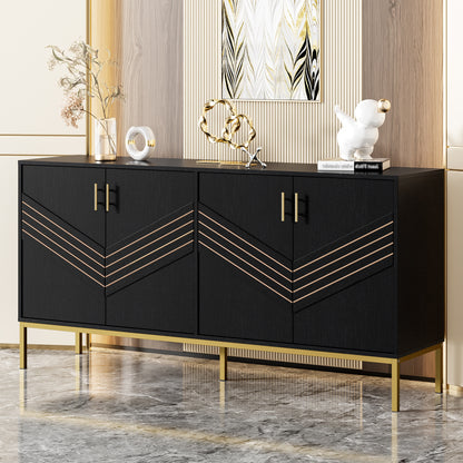 Dressoir – Sideboard – Buffetkast – Opbergkast – Kast – Modern Zwart & Goud – MDF Metalen Poten – 4 Deuren Met Verstelbare Legplanken