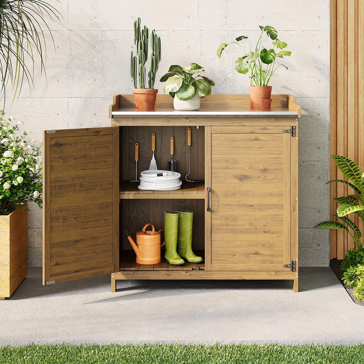 Buitenwerkbank – Tuinwerkbank – Werktafel – Opbergkast – Pottafel – Stevig Houten Frame – Metalen Werkblad