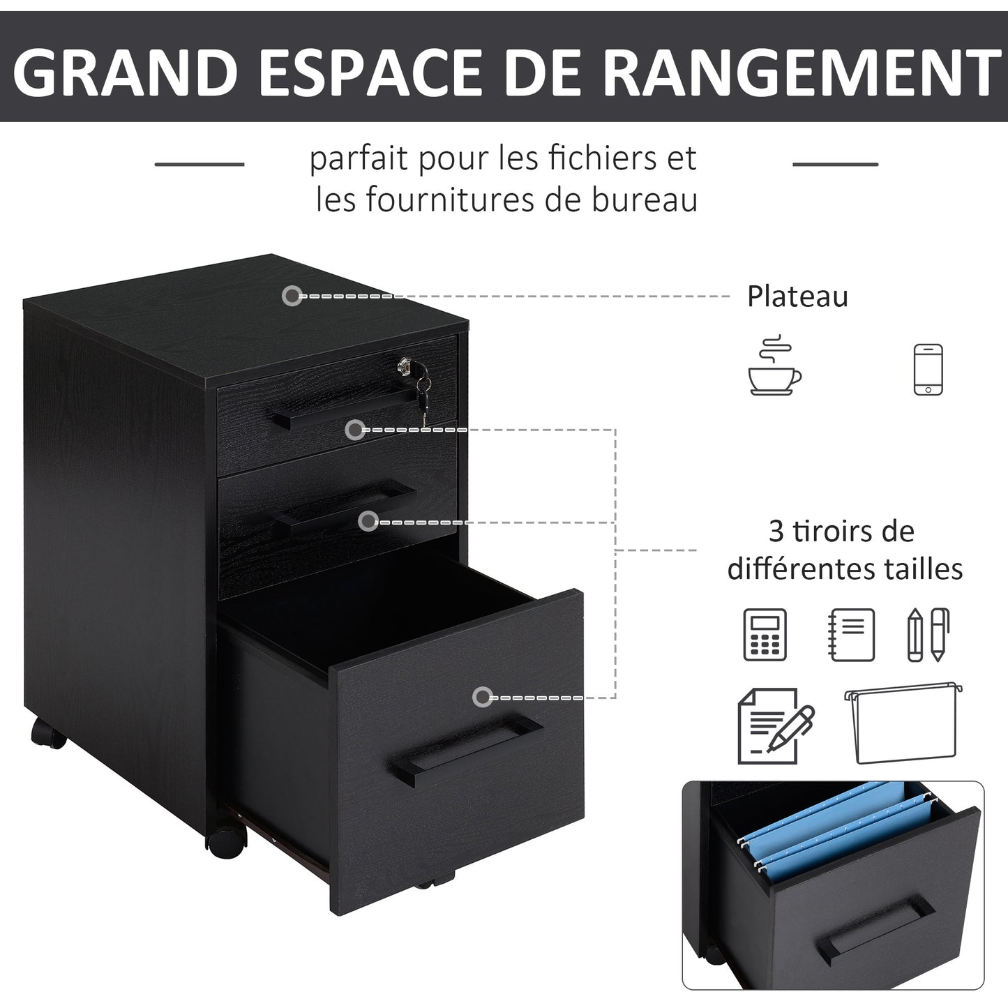 bureaukastje – ladekastje – opbergkast – rolcontainer – bureau-organizer – 3 lades met slot – verrijdbaar met wieltjes – MDF zwart – compact design 39x40x65 cm