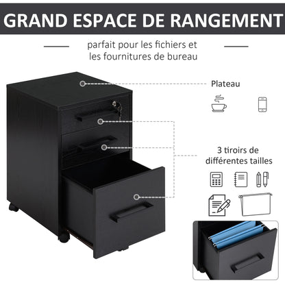 bureaukastje – ladekastje – opbergkast – rolcontainer – bureau-organizer – 3 lades met slot – verrijdbaar met wieltjes – MDF zwart – compact design 39x40x65 cm