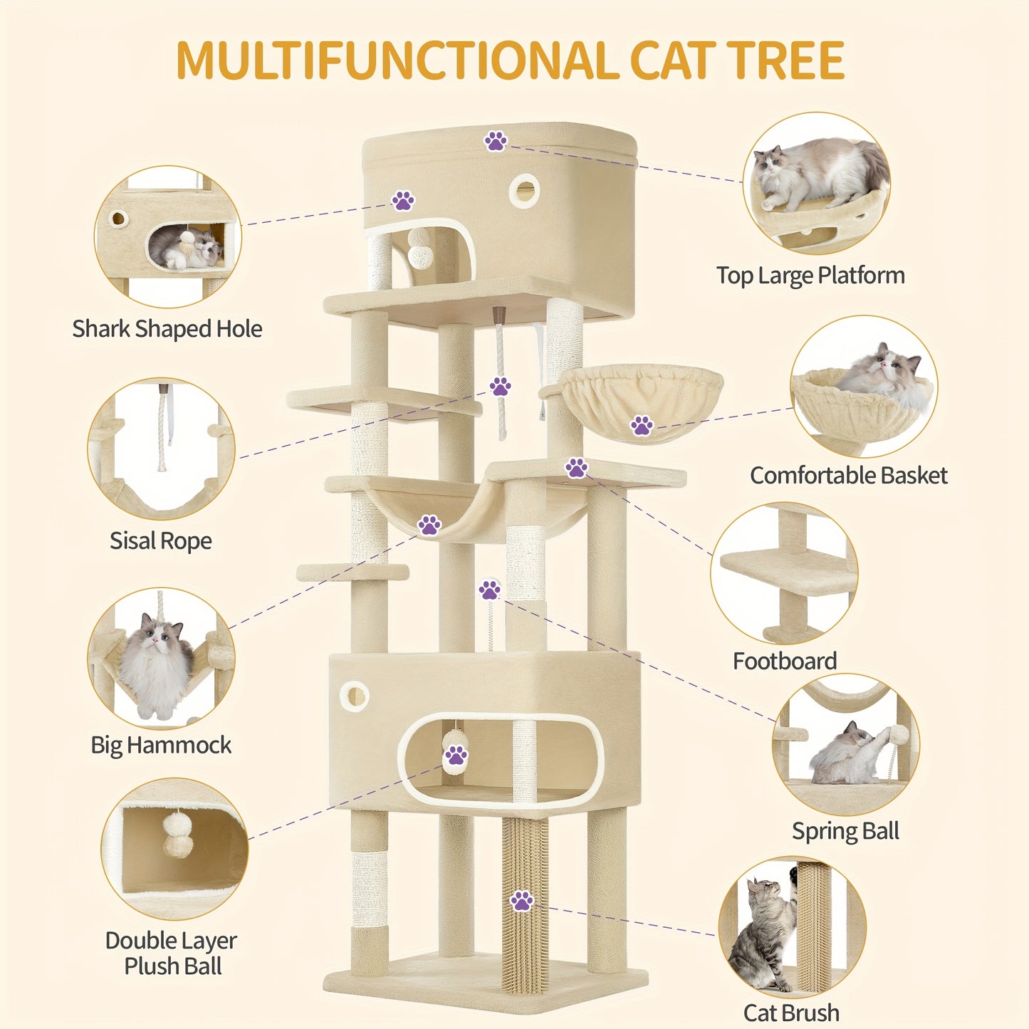 Cat Scratching Post with Large Platform, 2 Caves, 7 Scratching Posts, Pompoms, Loungers, Hammock, Suitable for All Cat Breeds, Beige - QUORE