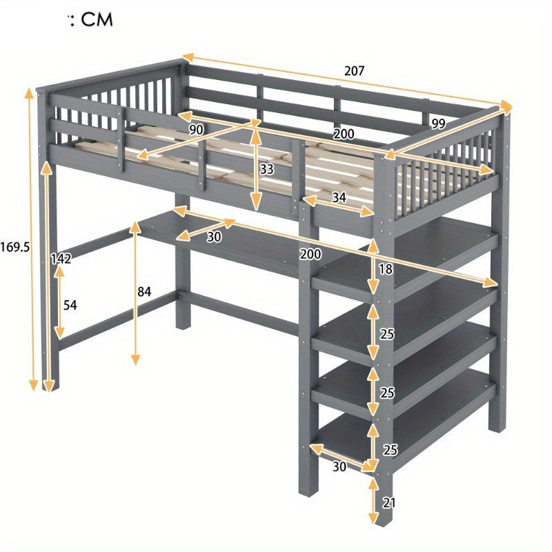 Hoogslaper – Loftbed – Stapelbed – Kinderbed – Eenpersoonsbed – Met Bureau en Opbergrekken – Metalen Stijlvol Frame – Ruimtebesparend Design – Grijs – Stevig en Duurzaam