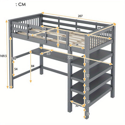 Hoogslaper – Loftbed – Stapelbed – Kinderbed – Eenpersoonsbed – Met Bureau en Opbergrekken – Metalen Stijlvol Frame – Ruimtebesparend Design – Grijs – Stevig en Duurzaam