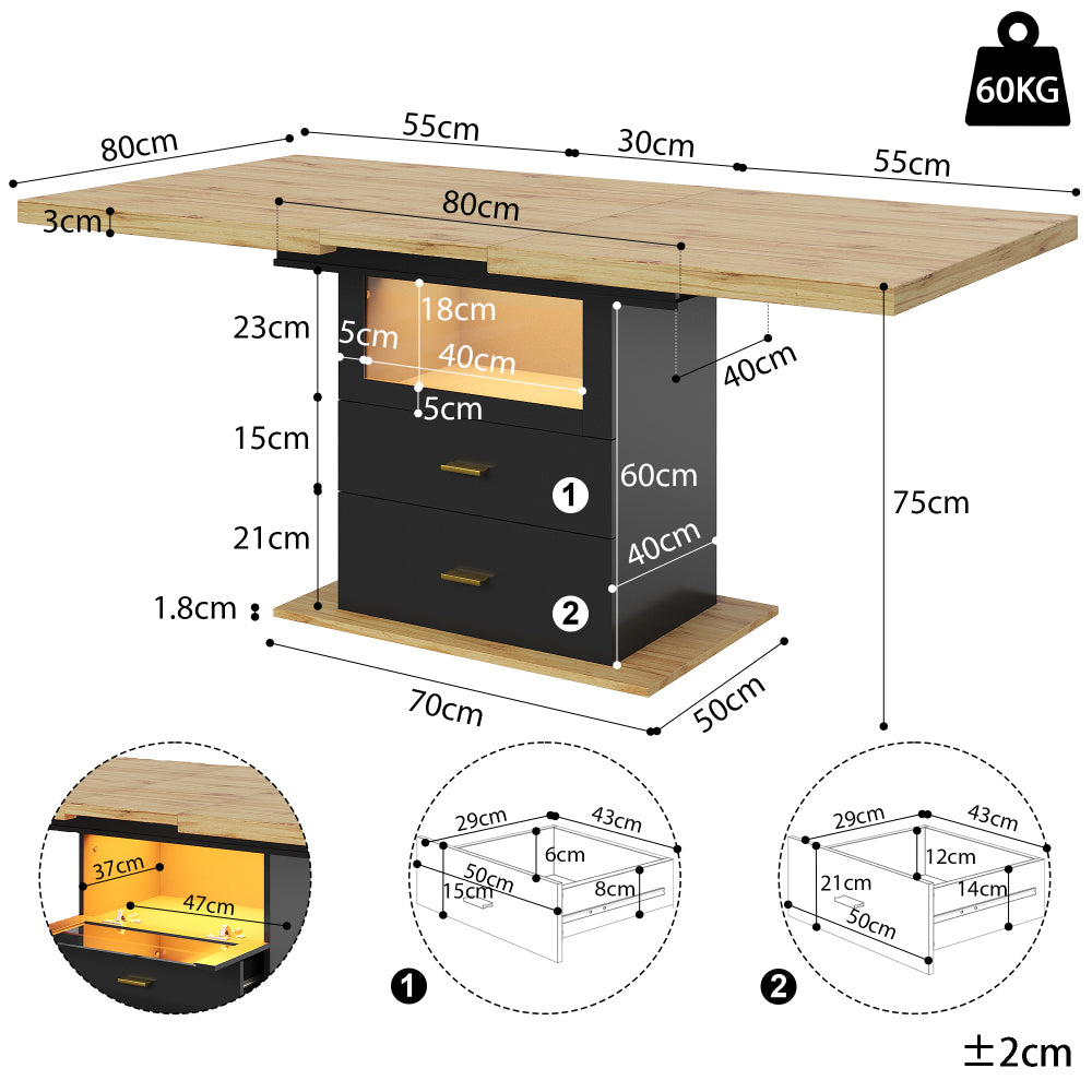 Dining table, extendable dining table, 110 x 80 x 75cm, suitable for use in dining rooms, kitchens or patios, extends to 140cm, accommodates up to 6 people.