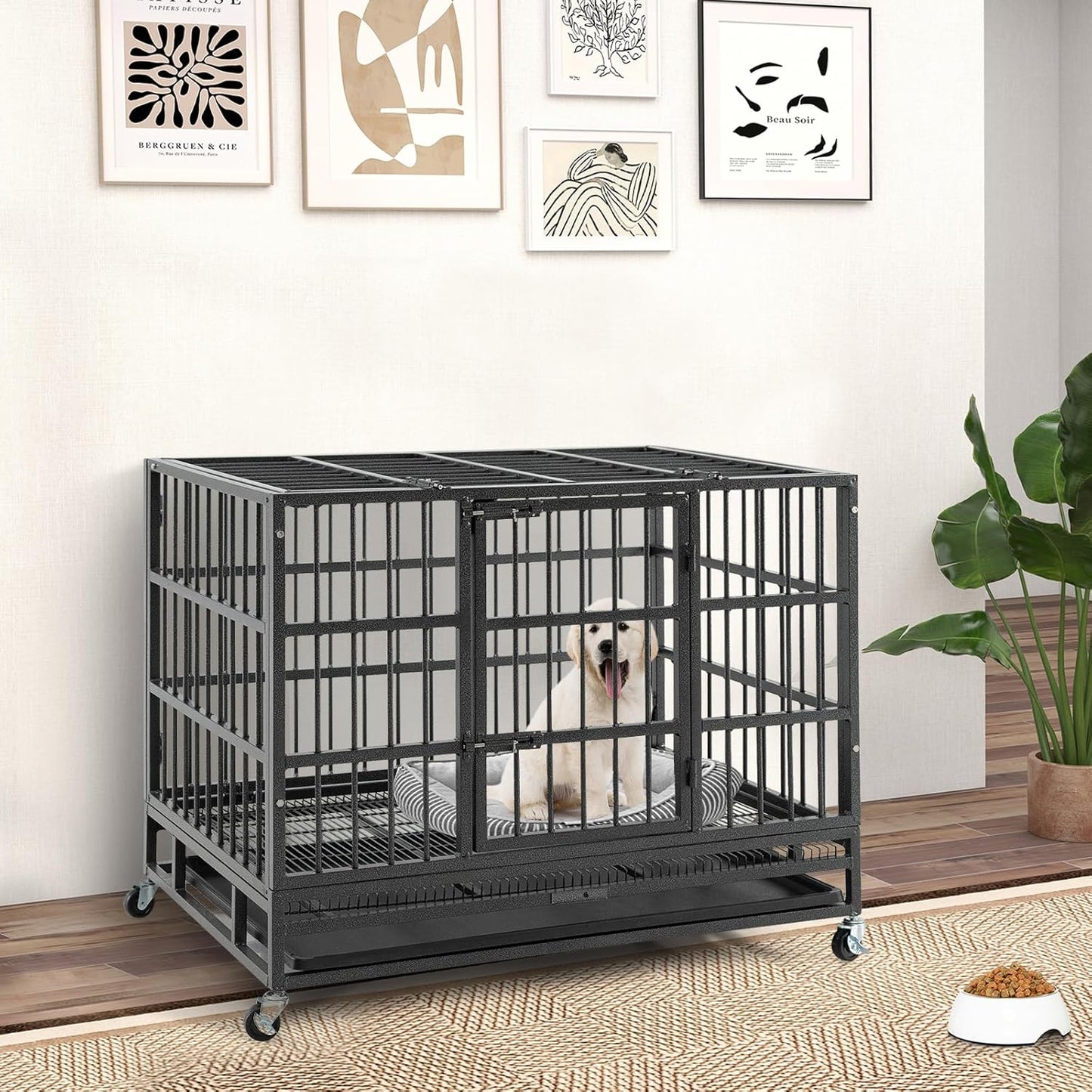 Hondenbench – Bench – Hondenkooi – Transportbench – Draadkooi – Opvouwbaar – Metaal – 2 Deuren – 4 Zwenkwielen – Uitneembare Bodem – 96 x 65 x 77 cm