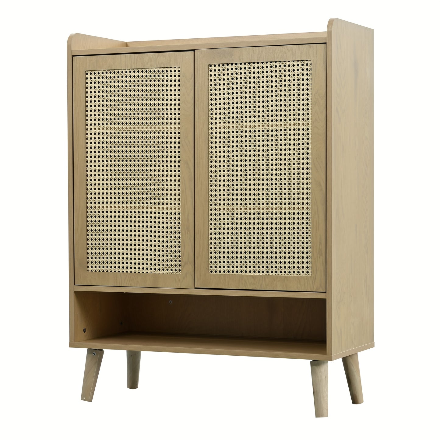 Natural Rattan Shoe Cabinet with Double Doors And Five Shelves for Entryway. with Wooden Handles And Solid Wood Legs. Dimensions: W80/H105/D35cm.