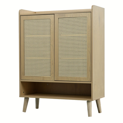 Natural Rattan Shoe Cabinet with Double Doors And Five Shelves for Entryway. with Wooden Handles And Solid Wood Legs. Dimensions: W80/H105/D35cm.