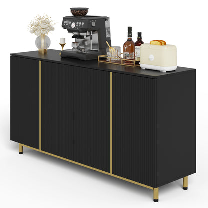 Zwart Sideboard – Buffetkast – Dressoir – Keukenkast – Buffetkast Met Opbergruimte – 150 Cm Breed – Wavy Fluted Deuren Met Verstelbare Metalen Poten