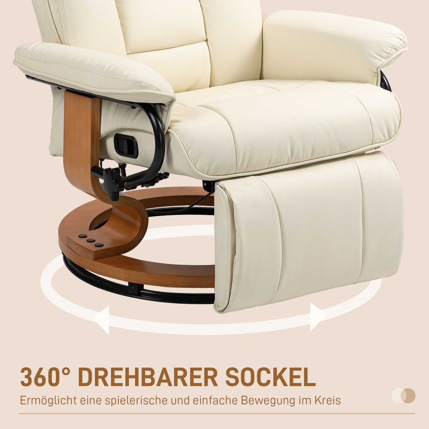Relaxfauteuil – Relaxstoel – Leunstoel – Loungefauteuil – Draaifauteuil – Verstelbare Rugleuning – Kunstleren Bekleding – Stevig Stalen Frame – Creamwit