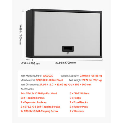 Metalen Wandkast – Geïntegreerde Opberger – Klapdeurkast – Garagekast – Werkplaatskast – Zwart – Space-saving Design – Stevig Koudgewalst Staal