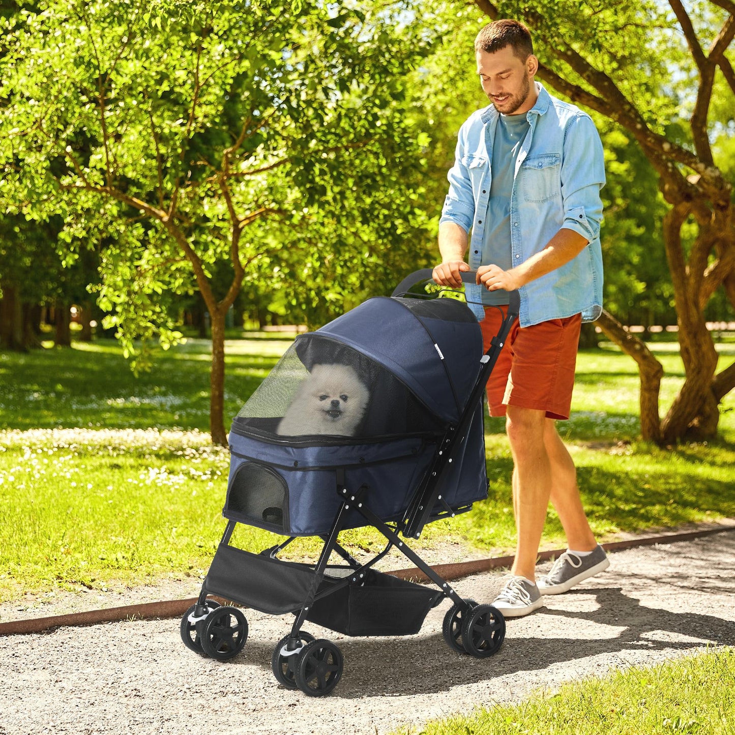 Hondenwagen – Hondenbuggy – Huisdierenwagen – Dierenbuggy – Kleine Honden Buggy – Blauw – Verstelbare Kap – Inklapbaar Met Veiligheidshaak