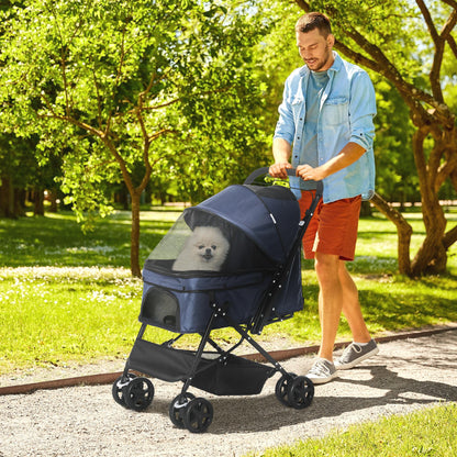 Hondenwagen – Hondenbuggy – Huisdierenwagen – Dierenbuggy – Kleine Honden Buggy – Blauw – Verstelbare Kap – Inklapbaar Met Veiligheidshaak