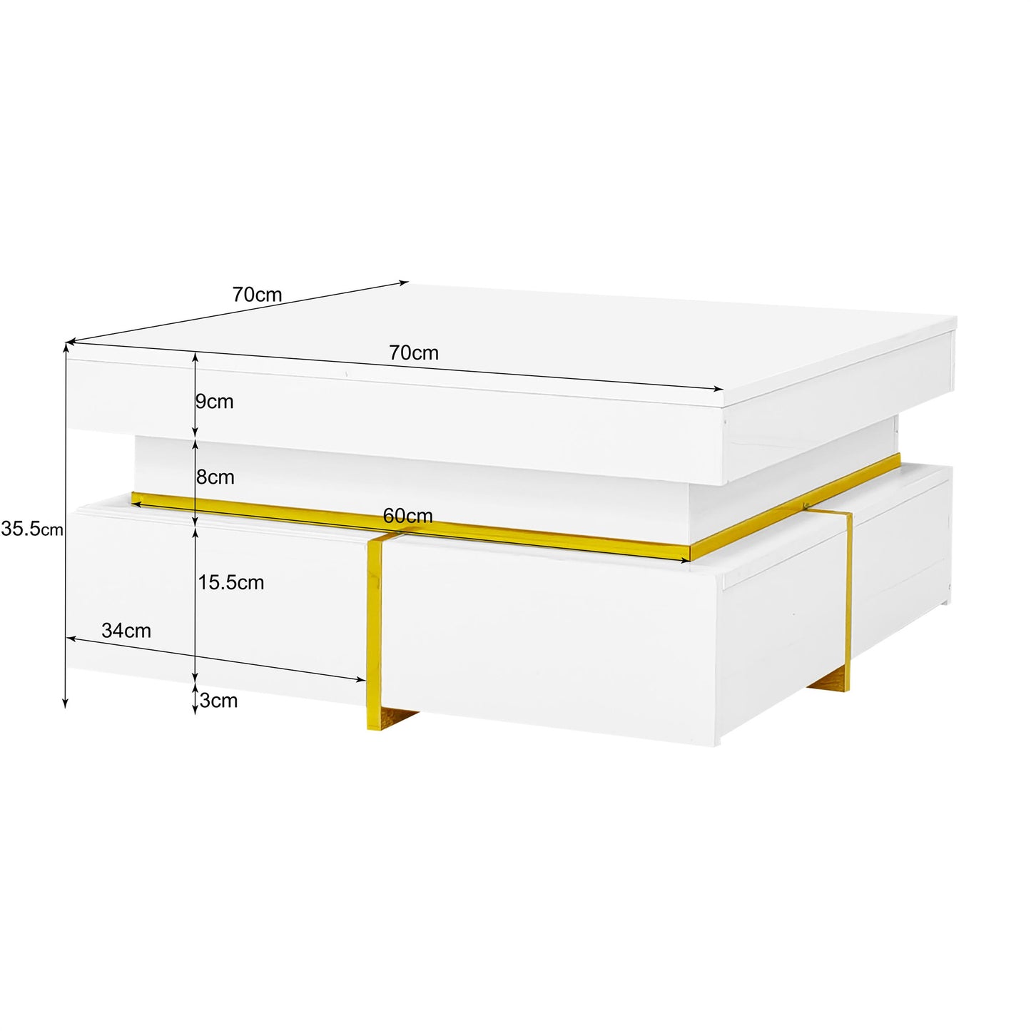 Salontafel – Koffietafel – Woonkamertafel – Bijzettafel – Opbergtafel – Hoogglans Wit Met Gouden Accenten – 2 Laden – Compact 70x70x35,5 cm