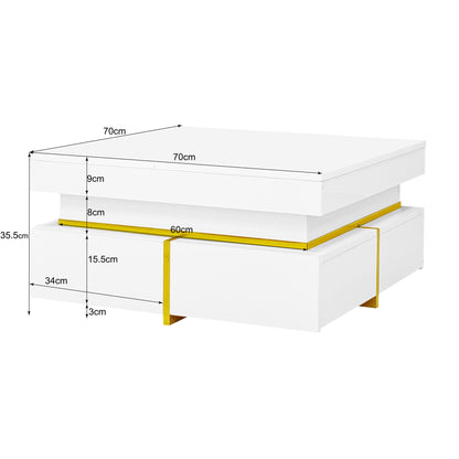 Salontafel – Koffietafel – Woonkamertafel – Bijzettafel – Opbergtafel – Hoogglans Wit Met Gouden Accenten – 2 Laden – Compact 70x70x35,5 cm