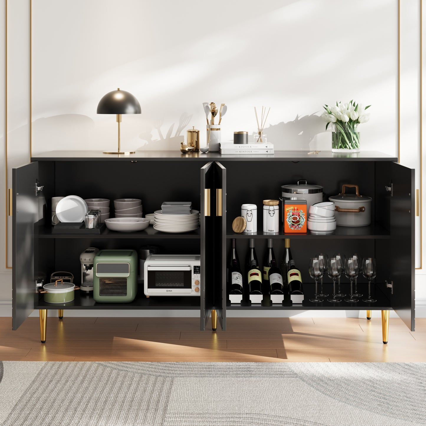 Dressoir – Sideboard – Buffetkast – Tv-Meubel – Opbergkast – Zwart Met Gouden Details – 152x40x75 CM – Tip-Over Beveiliging