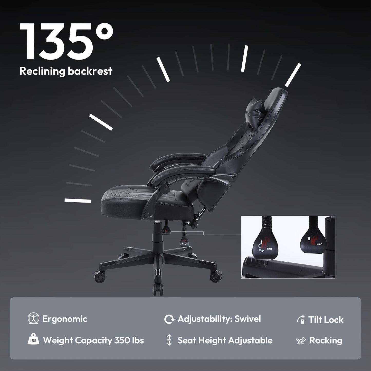 Gamingstoel – Bureaustoel – Computergamingstoel – Werkstoel – Gaming Recliner – Zwart – Ergonomische Lendensteun – Verstelbare Rugleuning