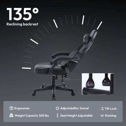 Gamingstoel – Bureaustoel – Computergamingstoel – Werkstoel – Gaming Recliner – Zwart – Ergonomische Lendensteun – Verstelbare Rugleuning